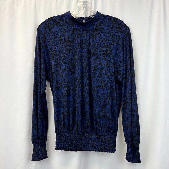 Allison Joy Womens Navy Black Leopard Print Long Sleeve Blouse Top Size Small - Picture 1 of 9